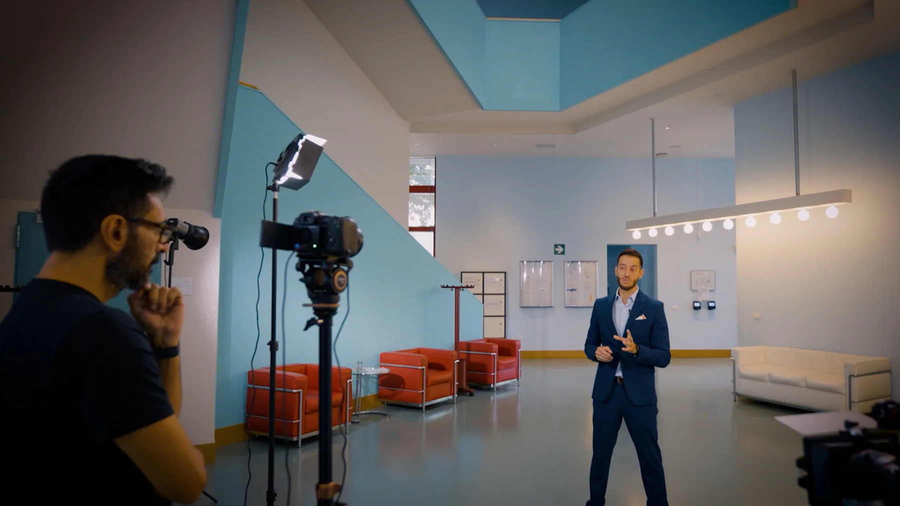 On set — filming an interview